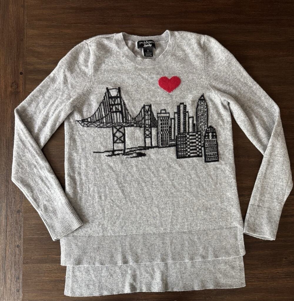 100% Cashmere Sweater Women’s Small Gray San Fransinsco Golden Gate Print 2-ply